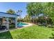 Lush backyard featuring artificial grass, a sparkling pool, and beautiful landscaping for outdoor enjoyment at 1708 E Impala Ave, Mesa, AZ 85204