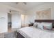 Comfortable bedroom with a ceiling fan and a map of the world hanging over the bed at 18438 N 96Th Way, Scottsdale, AZ 85255