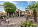 Expansive backyard with covered patio, mature trees, lush landscaping, and desert plants at 20555 N 261St Ave, Buckeye, AZ 85396