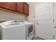 Bright laundry room featuring modern washer and dryer, storage cabinets, and convenient access to the home at 20555 N 261St Ave, Buckeye, AZ 85396