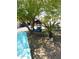 Relaxing backyard featuring a cozy egg chair swing with plush cushions and mature landscaping at 2400 E Baseline Ave # 153, Apache Junction, AZ 85119