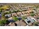 An aerial perspective highlighting a community with tree-lined streets and varied architectural styles of single-Gathering homes at 3592 E Sandwick Dr, San Tan Valley, AZ 85140