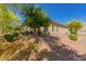 Charming backyard featuring desert landscaping, mature trees, and a well-maintained exterior with tan stucco and green shutters at 3910 N 163Rd Dr, Goodyear, AZ 85395