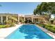 A large swimming pool is nestled in a well manicured backyard at 6243 E Camelback Rd, Scottsdale, AZ 85251