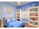 Charming bedroom with a blue accent wall, a cute bed, built-in shelving and natural light at 700 N Dobson Rd # 54, Chandler, AZ 85224