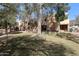 Back exterior view of multi-story homes with a lush green lawn and mature shade trees at 1425 E Desert Cove Ave # 35, Phoenix, AZ 85020