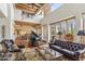 Sunlit living area featuring high ceilings, a fireplace, and stylish furnishings at 1607 N Quartz Valley Rd, Scottsdale, AZ 85266