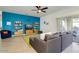 Stylish living room featuring a modern sofa, bold accent wall, and sliding glass doors at 3566 S Colorado St, Chandler, AZ 85286