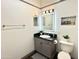 Bathroom featuring modern lighting, grey vanity, sleek black countertop, and a decorative mirror at 4750 N Central Ave # M2, Phoenix, AZ 85012
