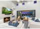 Open living room with a fireplace, white couches, and sliding glass doors opening to a pool area at 8245 E Via Del Sol Dr, Scottsdale, AZ 85255