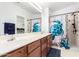 Bright bathroom featuring a large vanity, turtle shower curtain and walk in shower at 8576 E Jasper St, Gold Canyon, AZ 85118