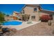 The image displays a home's backyard with a pool, covered patio, plants, and a gravel yard at 1431 W Mountain Sky Ave, Phoenix, AZ 85045