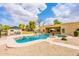Backyard pool featuring sun umbrellas, desert landscaping, and an open view of the house at 1438 E Mesquite St, Gilbert, AZ 85296