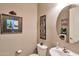 Tastefully decorated powder room featuring a unique mirror, modern fixtures, and stylish decor at 2468 W Dapple Gray Ct, San Tan Valley, AZ 85144