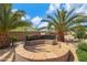 Outdoor firepit area surrounded by mature palm trees, desert landscaping, and clear blue skies at 3816 E El Sendero Rd, Cave Creek, AZ 85331