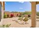 Backyard area features desert landscaping, including cacti, bushes, small trees, and a mountain view at 10351 E Morning Star Dr, Scottsdale, AZ 85255