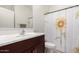 Bathroom showcasing a vanity with a large mirror and a shower curtain with a sunflower design at 17813 W Pinnacle Vista Dr, Surprise, AZ 85387