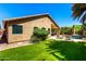 Manicured backyard with a covered patio, green lawn, and a refreshing swimming pool surrounded by palm trees at 553 W Hereford Dr, San Tan Valley, AZ 85143