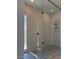 A modern shower features sleek glass doors, neutral tile walls, and a unique mosaic tile floor at 1336 E Cherrywood Pl, Chandler, AZ 85249