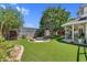 Beautiful backyard featuring artificial grass, a fire pit, and a covered patio at 645 S 54Th St, Mesa, AZ 85206