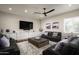 Spacious living room with recessed lighting features built-in cabinets and plush seating arrangement at 8821 E Havasupai Dr, Scottsdale, AZ 85255