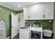Well-lit laundry room boasts modern washer/dryer units, cabinetry, and a utility sink, complemented by olive-green walls at 4645 E Cambridge Ave, Phoenix, AZ 85008