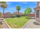 Serene backyard featuring manicured grass, mature palm trees, a brick wall, and gravel for easy maintenance at 15391 W Yucatan Dr, Surprise, AZ 85379