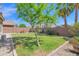Well-maintained backyard featuring lush green grass, mature trees, a picnic table, and brick perimeter walls at 15391 W Yucatan Dr, Surprise, AZ 85379