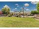 Large backyard with well-manicured lawn, pool, umbrellas, and palm trees at 3356 E Vallejo Ct, Gilbert, AZ 85298