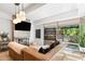 Sophisticated living room featuring a modern fireplace, sleek lighting, and a comfortable leather sofa at 7131 E Rancho Vista Dr # 1008, Scottsdale, AZ 85251
