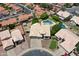 An aerial view captures a home with a three-car garage, a lush backyard pool, and desert landscaping at 870 N Criss St, Chandler, AZ 85226