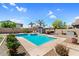 Fenced-in backyard pool is complemented by mature trees and lounge seating, perfect for summer fun at 11225 E Sylvan Ave, Mesa, AZ 85212
