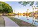 Scenic community pond featuring lush greenery, serene water, palm trees, and beautiful waterfront homes at 2239 S Cottonwood --, Mesa, AZ 85202