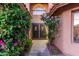 Inviting entryway with decorative iron gate, blooming bougainvillea, and lush landscaping at 2239 S Cottonwood --, Mesa, AZ 85202