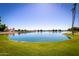 Serene view of the lake with mature trees, lush grass, and tranquil waterfront scenery at 2305 E Millbrae Ct, Gilbert, AZ 85234