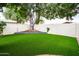 Backyard featuring lush green grass with a mature shade tree surrounded by a decorative block wall at 3029 W Sierra St, Phoenix, AZ 85029