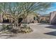 Beautiful front yard with mature tree and circular driveway leading to the garage at 10057 E Blue Sky Dr, Scottsdale, AZ 85262