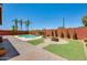 Landscaped backyard featuring a refreshing pool, lush artificial turf, a fire pit and a paver patio, perfect for entertaining at 1266 S Harrington St, Gilbert, AZ 85233