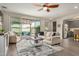Cozy living room with neutral decor, a ceiling fan, and a sliding glass door to the patio at 1635 N 208Th Ave, Buckeye, AZ 85396