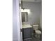Bathroom featuring a white toilet, a vanity with gray cabinets, a sink, and a large mirror at 17810 W Marshall Ln, Surprise, AZ 85388