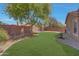 Expansive backyard featuring lush green grass, mature trees, and a privacy wall at 18590 W Vogel Ave, Goodyear, AZ 85338