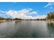 Scenic pond view with lush landscaping and blue skies, perfect for outdoor relaxation at 41227 W Granada Dr, Maricopa, AZ 85138
