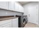 Convenient laundry room features upper cabinets, countertop and modern washer and dryer at 702 E Capricorn Way, Chandler, AZ 85249