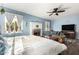 Bright bedroom with a fireplace, ceiling fan, and plenty of natural light from the windows at 908 N Creston --, Mesa, AZ 85213