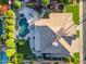 Aerial view of a home with a private backyard oasis, including a pool, patio, and lush landscaping at 3623 S Agave Way, Chandler, AZ 85248