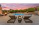 Outdoor patio area with lounge chairs, a fire pit, and lush landscaping surrounding a sparkling pool at 3623 S Agave Way, Chandler, AZ 85248