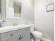 Bathroom featuring gray vanity, modern fixtures, mirror, and wall art at 4337 E Vaughn Ave, Gilbert, AZ 85234