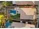 Aerial view of a backyard with a pool, lounge area, and turf at 8733 E Jacaranda St, Mesa, AZ 85207