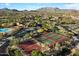 Aerial of the community amenities including tennis, basketball, and pool at 8733 E Jacaranda St, Mesa, AZ 85207