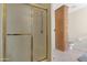 Bathroom featuring a glass enclosed shower and built-in storage cabinet at 9349 E Navajo Pl, Sun Lakes, AZ 85248